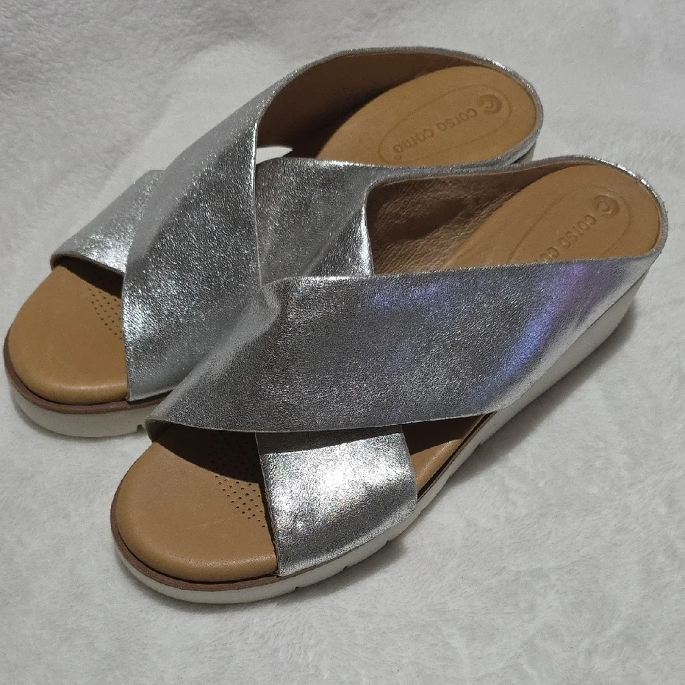 Corso Como Silver Tan Wedges with Cross-Strap‎ Design